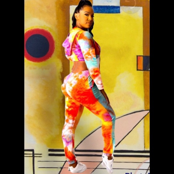 Hoodie Tie Dye Pullover Tie Dye Ruched Crop Top & Drawstring Pants Cotton Outfit - Picture 3 of 4